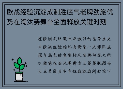 欧战经验沉淀成制胜底气老牌劲旅优势在淘汰赛舞台全面释放关键时刻